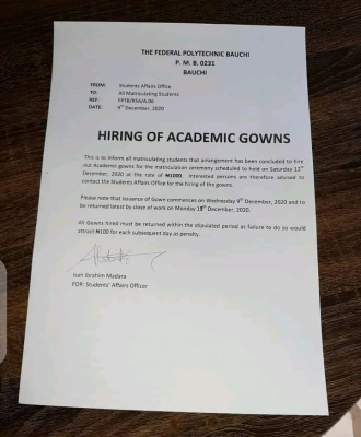 FEDPOLY Bauchi notifies students on the hiring of matriculation gowns