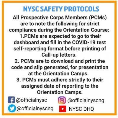 NYSC safety protocols for 2020 BATCH B Stream II PCM