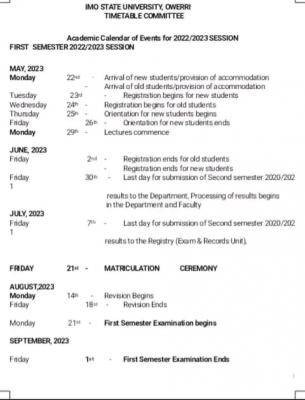 IMSU approved academic calendar 2022/2023 academic session