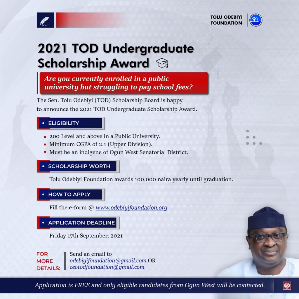 Tolu Odebiyi Scholarship Program 2021 for Undergraduates