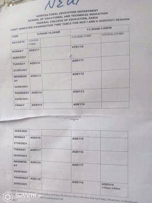 FCE Zaria NCE 1 & 2 first semester exam timetable 2020/2021 session