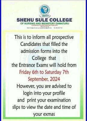 Shehu Sule College Of Nursing notice on entrance exam, 2024/2025