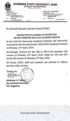 ADSU notice on resumption for second semester, 2023/2024