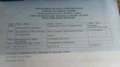 Nuhu Bamalli Polytechnic ND I 1st semester lecture timetable, 2022/2023 session