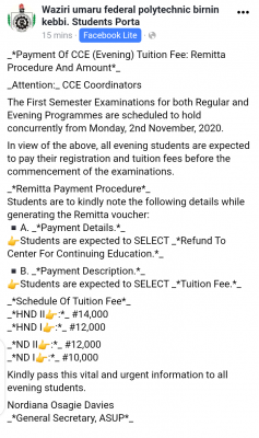 WUFPBK notice to CCE students on payment of fees