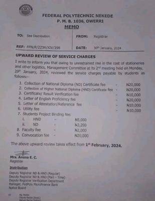 NEKEDEPOLY notice to students on upward review of service charges