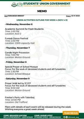 FUNAAB Students' Union announces activities for students' Week 4