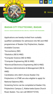 Ibadan City Polytechnic ND/HND Admission forms for 2020/2021 session