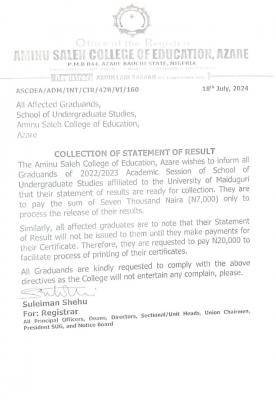 Aminu Saleh COE notice on collection of statements of results