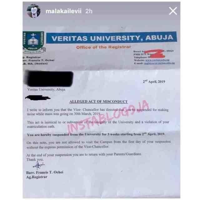 Veritas University Student Bags 3 Weeks Suspension for Noise Making