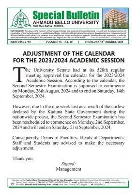 ABU Zaria notice on adjustment of the academic calendar, 2023/2024