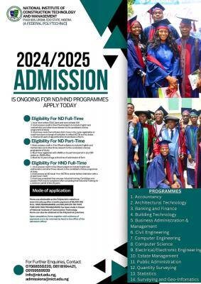 National Institution of Construction Technology & Management, Uromi Admission forms, 2024/2025