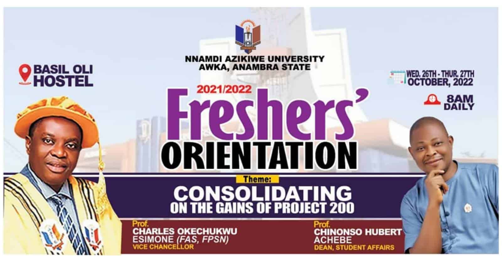 UNIZIK Freshers' Orientation Programme Schedule 2021/2022