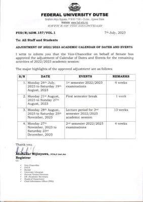 FUDUTSE adjusts 2022/2023 academic calendar