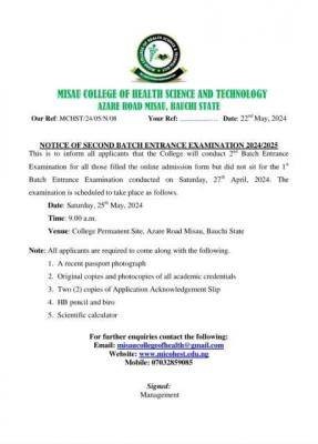 Misau College Of Health Science & Tech notice of 2nd batch entrance exam, 2024/2025