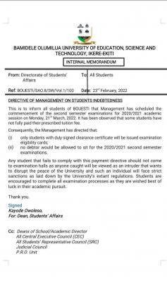 BOUESTI notice to students on payment of fees and 2nd semester exam, 2020/2021