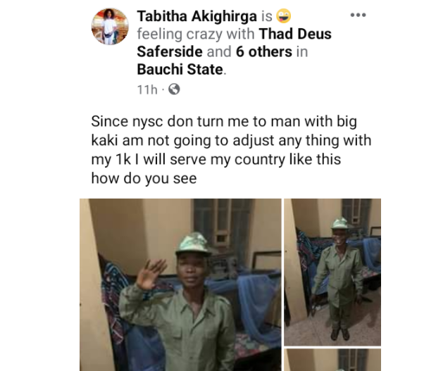 Patriotism: Corps member pledges to serve Nigeria with oversized kits