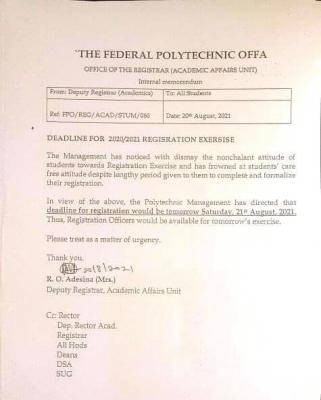 Federal Polytechnic, Offa notice to students on registration deadline, 2020/2021