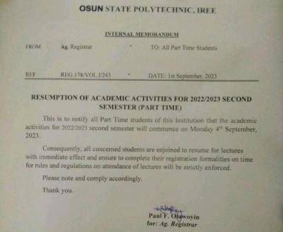 OSPOLY notice to part time students on 2nd semester resumption, 2022/2023