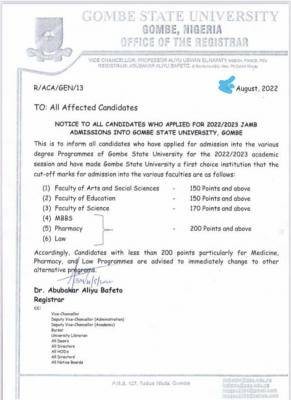 Gombe State University cut off marks for 2022/2023 session