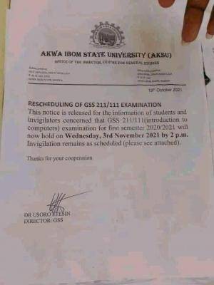 AKSU notice on the new date for GSS 211/111 examination