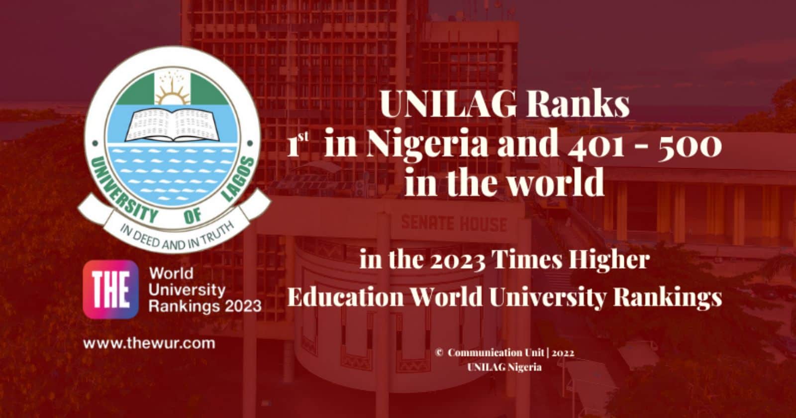 UNILAG Ranks in Nigeria and 401 - 500 in the World