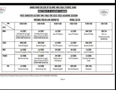 Aminu Kano College of Legal and Islamic Studies first semester lecture timetable, 2022/2023 session