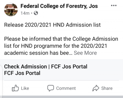 Federal College of Forestry, Jos HND admission list, 2020/2021 session