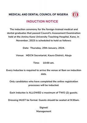 MDCN notice of induction ceremony for foreign-trained medical & dental graduates