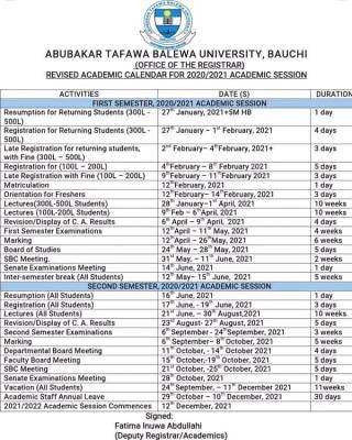 ATBU revised academic calendar for 2020/2021 session