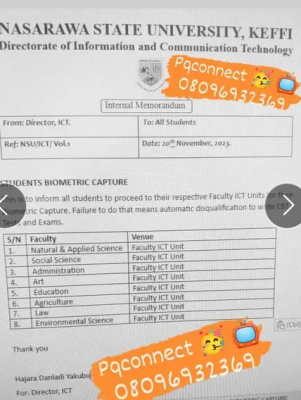 NSUK notice to all students on biometric capturing exercise