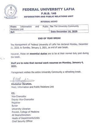 FULAFIA notice on end of the year break