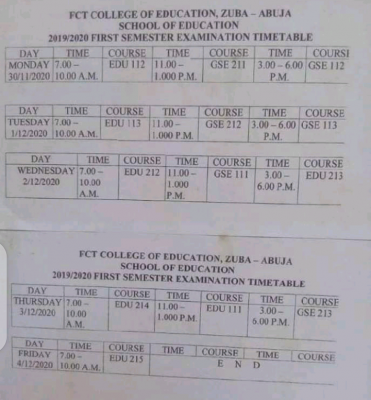 FCE Zuba 1st semester examination timetable for 2019/2020 session