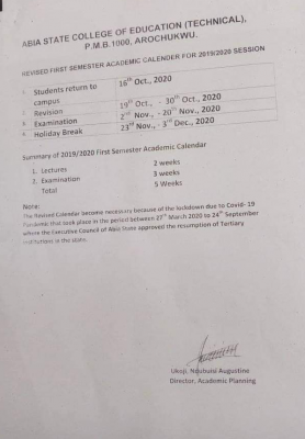 ABSCETA revised 1st semester academic calendar for 2019/2020 session