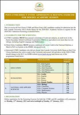 SLU Post-UTME/DE 2020: Cut-off mark, Eligibility and Registration Details