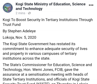 Kogi State to boost security in tertiary institutions through Trust Fund