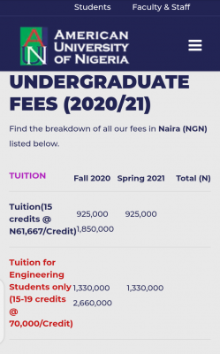 AUN undergraduate and post graduate fees 2020/2021