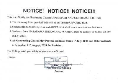 College of Health Technology, Alushi issues important notice to all final year students