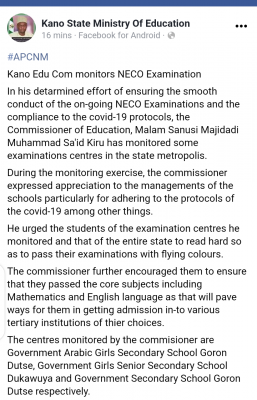 Kano state monitors NECO examination