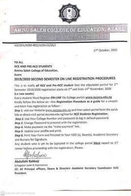 Aminu Saleh COE 2nd semester online registration procedures