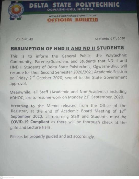 Delta State Poly Ogwashiuku announces resumption date