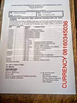 ESUT first semester examination timetable for 100L Students