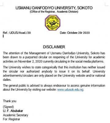 UDUSOK issues disclaimer notice on resumption date