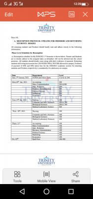 Trinity University resumption protocols for 2020/2021 session