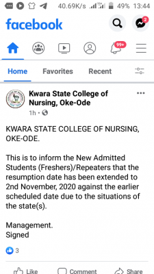 Kwara state college of nursing oke-ode shifts resumption date