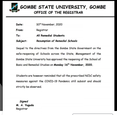 Gombe state university announces resumption for remedial students