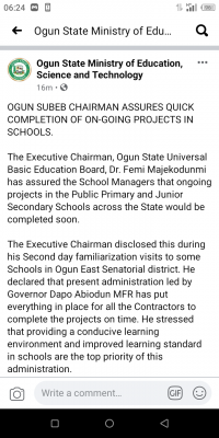 Ogun State SUBEB chairman assures quick completion of on-going projects in schools