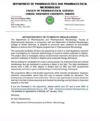 UDUSOK Department of Pharmaceutics & Pharmaceutical Microbiology Advert for funded Postgraduate programmes