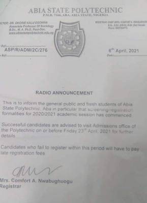 Abia State Poly notice to newly admitted students on screening exercise, 2020/2021