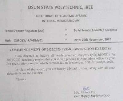 OSPOLY notice to new students on pre-registration exercise, 2022/2023